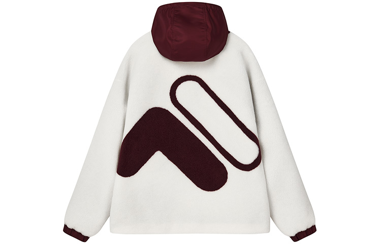 Lookbook FILA 拼色羊羔絨外套連帽上衣 雲霧白 蘑菇色款式 F11M249913F-WT