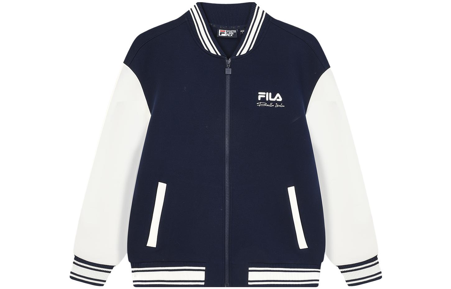 FILA  Contrast Color Knit Baseball Jacket in Deep Navy. F11M349501R-DB