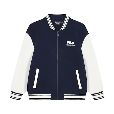 FILA Contrast Color Knit Baseball Jacket in Deep Navy. F11M349501R-DB