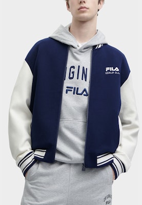 FILA Contrast Color Knit Baseball Jacket in Deep Navy. F11M349501R-DB Shop FILA Contrast Color Knit Baseball Jacket in Deep Navy. F11M349501R-DB