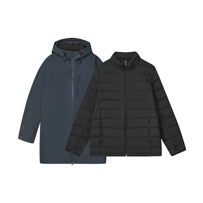 FILA Dark Blue Hooded Printed Fashion Down Jacket Two-Piece Set. F11M247908F-NV