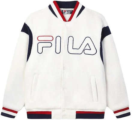 FILA Letter Patchwork Varsity Jacket Single-Breasted Fresh Milk White. F11M349502F-IV Order FILA Letter Patchwork Varsity Jacket Single-Breasted Fresh Milk White. F11M349502F-IV
