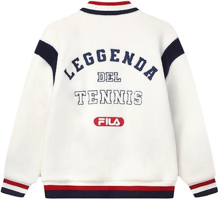 FILA Letter Patchwork Varsity Jacket Single-Breasted Fresh Milk White. F11M349502F-IV Lookbook FILA Letter Patchwork Varsity Jacket Single-Breasted Fresh Milk White. F11M349502F-IV