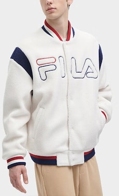 FILA Letter Patchwork Varsity Jacket Single-Breasted Fresh Milk White. F11M349502F-IV Details for FILA Letter Patchwork Varsity Jacket Single-Breasted Fresh Milk White. F11M349502F-IV