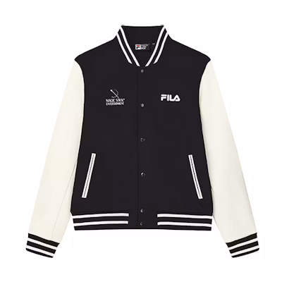 FILA Logo Print Baseball Collar Jacket in Legendary Blue. F11M249502F-NV