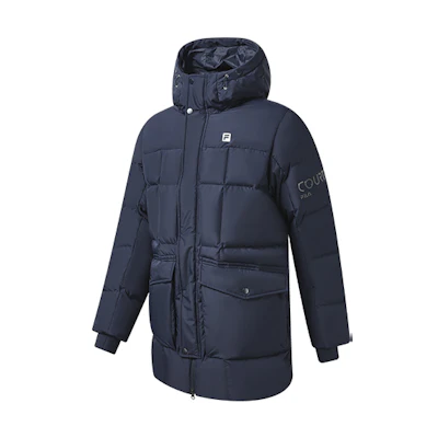FILA Logo Printed Warm Mid-Length Down Jacket in Royal Blue. A11M243902F-NV