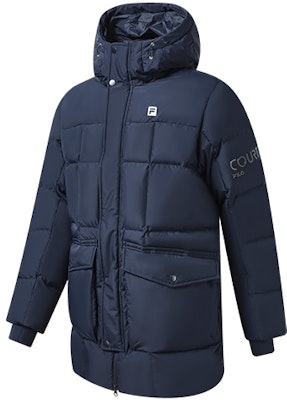 FILA Logo Printed Warm Mid-Length Down Jacket in Royal Blue. A11M243902F-NV Order FILA Logo Printed Warm Mid-Length Down Jacket in Royal Blue. A11M243902F-NV