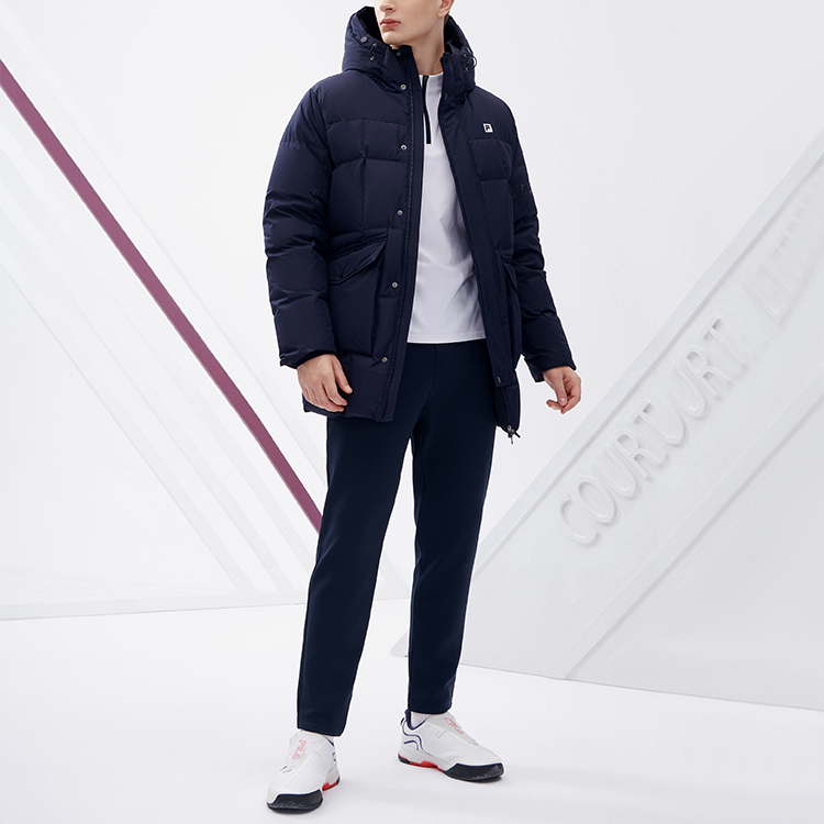 Shop FILA  Logo Printed Warm Mid-Length Down Jacket in Royal Blue. A11M243902F-NV