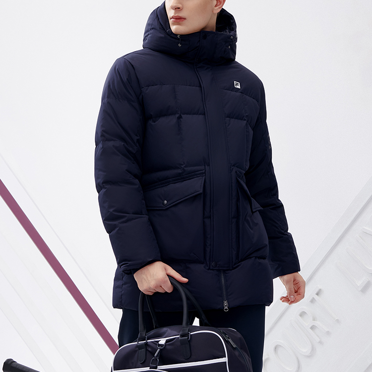 Sizing FILA  Logo Printed Warm Mid-Length Down Jacket in Royal Blue. A11M243902F-NV