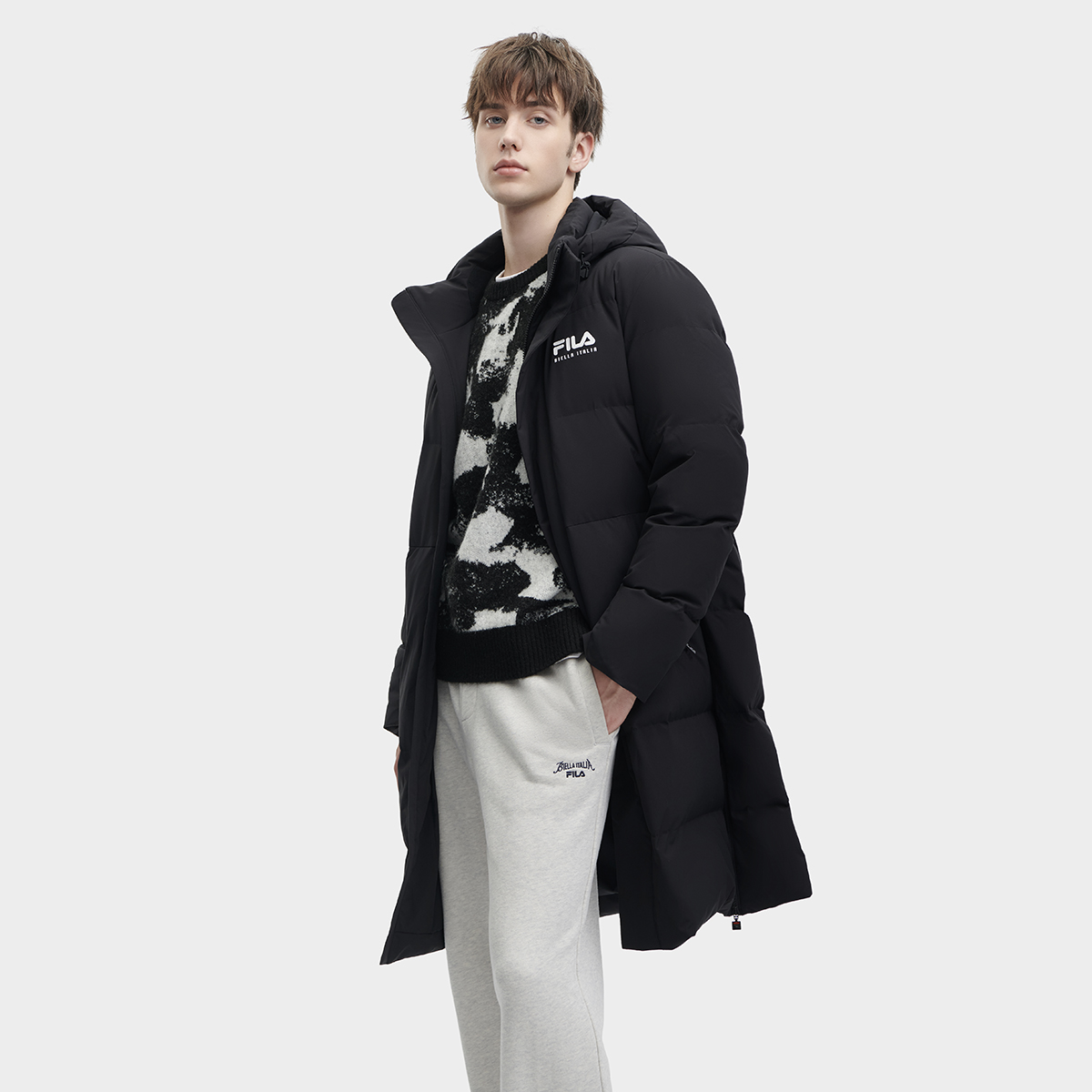 Shop FILA  Long Down Jacket Black - Casual Minimalist Hooded Design F11M349907F-BK