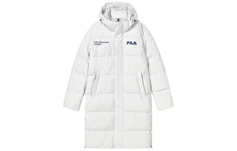 FILA  Long Hooded Down Jacket with Letter Zipper in Cold Stone White. F51M349921A-WT