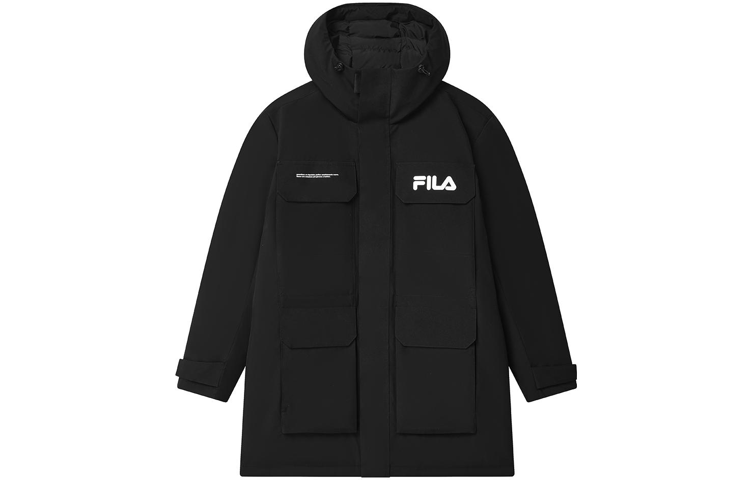 FILA  Solid Black Hooded Long Down Jacket Winter Coat F11M249904ABK