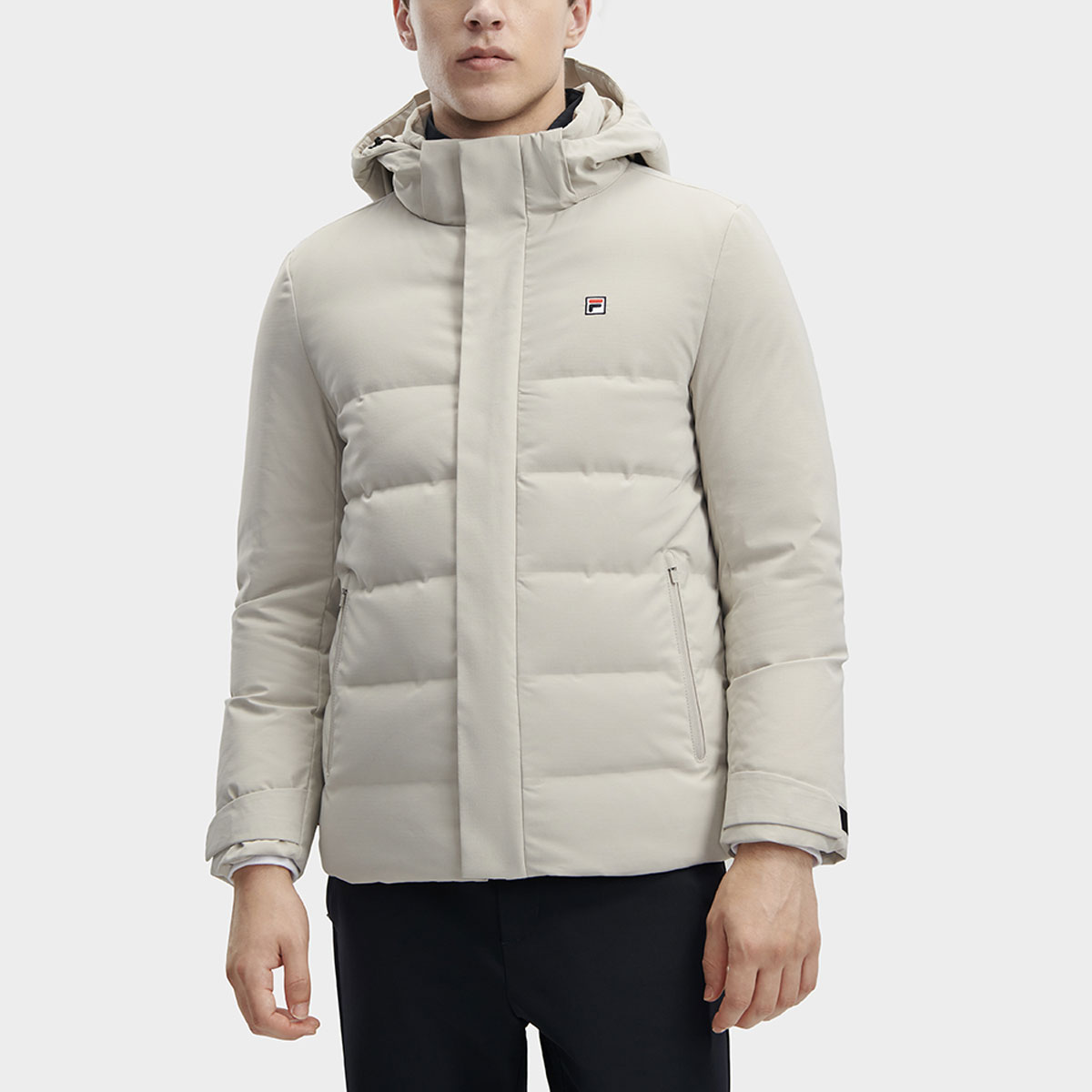 Shop FILA  Solid Color Hooded Down Jacket - Casual Winter Coat in Peaceful Gray F11M341904F-GY