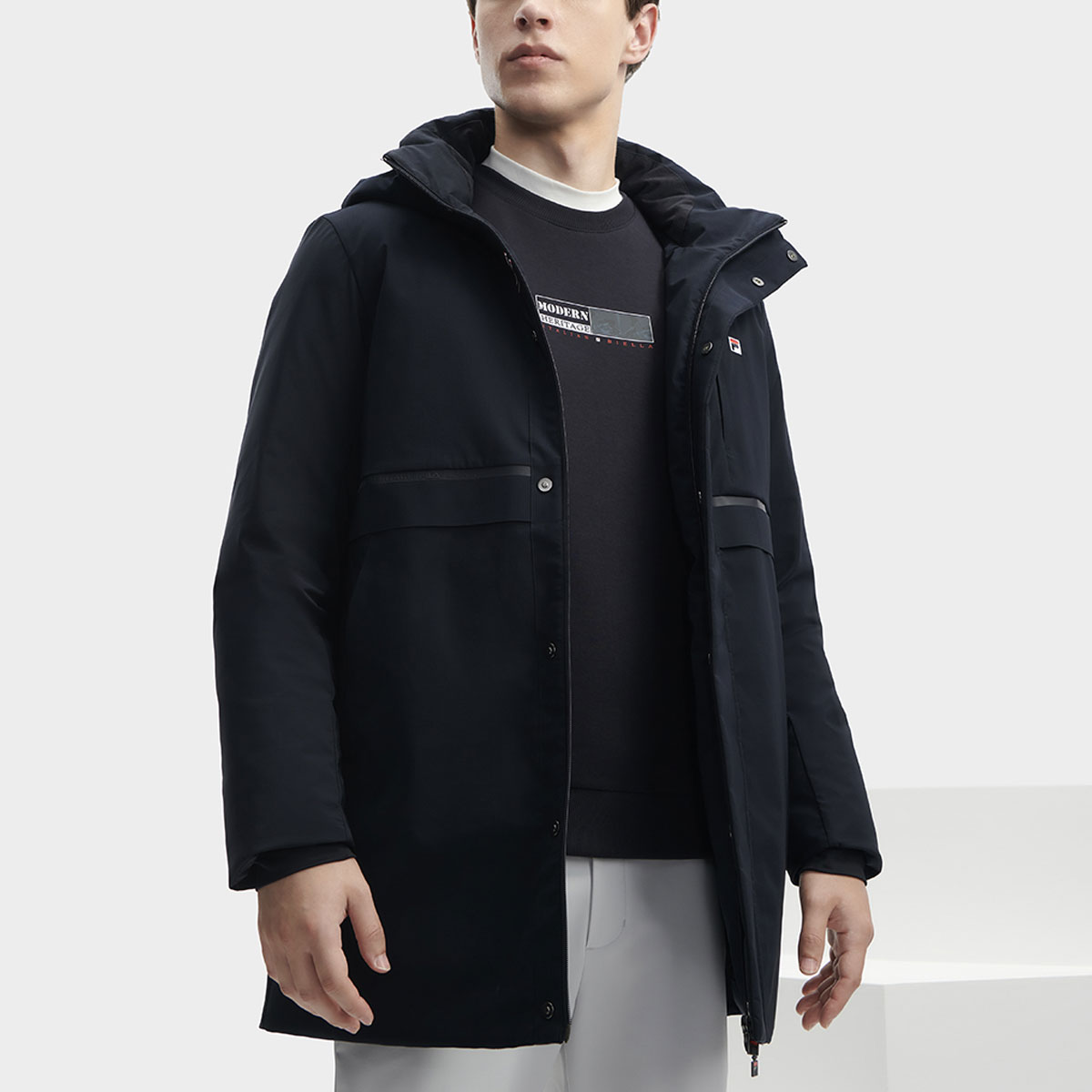 FILA  Solid Color Long Hooded Casual Down Jacket - Legend Blue F11M341910FNV 圖 6