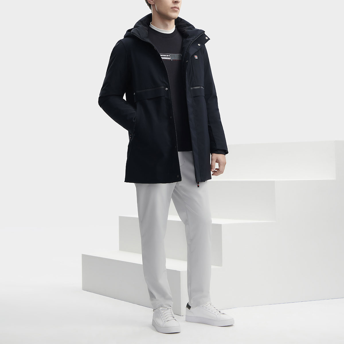 FILA  Solid Color Long Hooded Casual Down Jacket - Legend Blue F11M341910FNV 圖 7