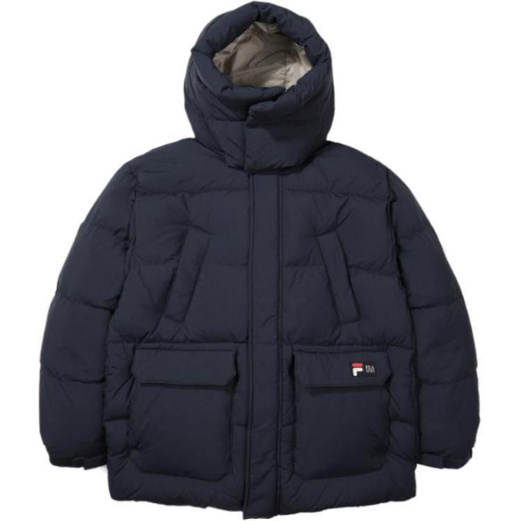 FILA  Solid Quilted Logo Patch Hooded Down Jacket Navy Blue FE2DJE6106X-INA
