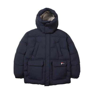 FILA Solid Quilted Logo Patch Hooded Down Jacket Navy Blue FE2DJE6106X-INA