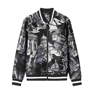 FILA Black Baseball Jacket with Logo Embroidery and Full Zip Print Design. F11M018725G-BK