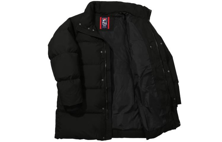 Shop FILA Jaket Puffer Hitam Panjang Sedang dengan Kerah Standar FS2DJD4102X-BLK