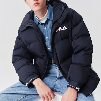 FILA Blue Winter Colorblock Logo Hooded Down Jacket F51M148920FNV Shop FILA Blue Winter Colorblock Logo Hooded Down Jacket F51M148920FNV