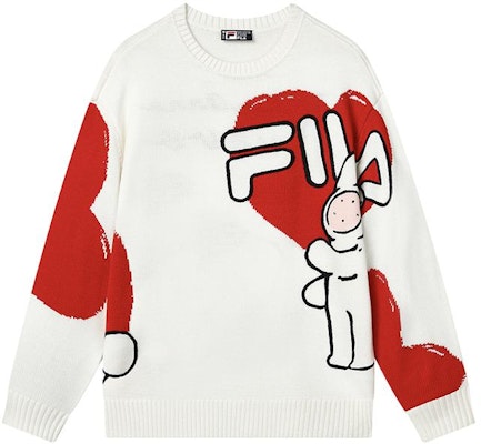 FILA CNY Bunny Sweater Unisex Cartoon Knit Crewneck Cloud White. F11U319401F-WT Order FILA CNY Bunny Sweater Unisex Cartoon Knit Crewneck Cloud White. F11U319401F-WT