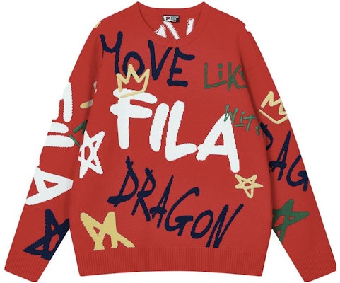 FILA ドラゴンシリーズ ユニセックス ニットセーター 赤 - コーデ風手書きデザイン F11U419402F-RD Buy FILA ドラゴンシリーズ ユニセックス ニットセーター 赤 - コーデ風手書きデザイン F11U419402F-RD