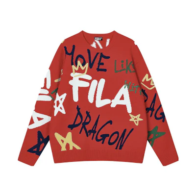 FILA Dragon Series Unisex Knit Sweater Red - Couple's Fun Handwritten Design. F11U419402F-RD