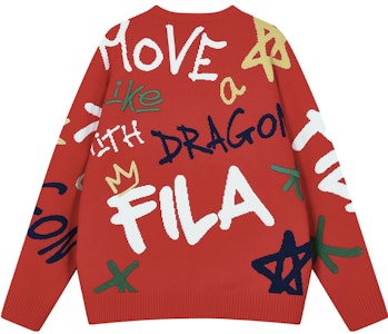 FILA ドラゴンシリーズ ユニセックス ニットセーター 赤 - コーデ風手書きデザイン F11U419402F-RD Lookbook FILA ドラゴンシリーズ ユニセックス ニットセーター 赤 - コーデ風手書きデザイン F11U419402F-RD