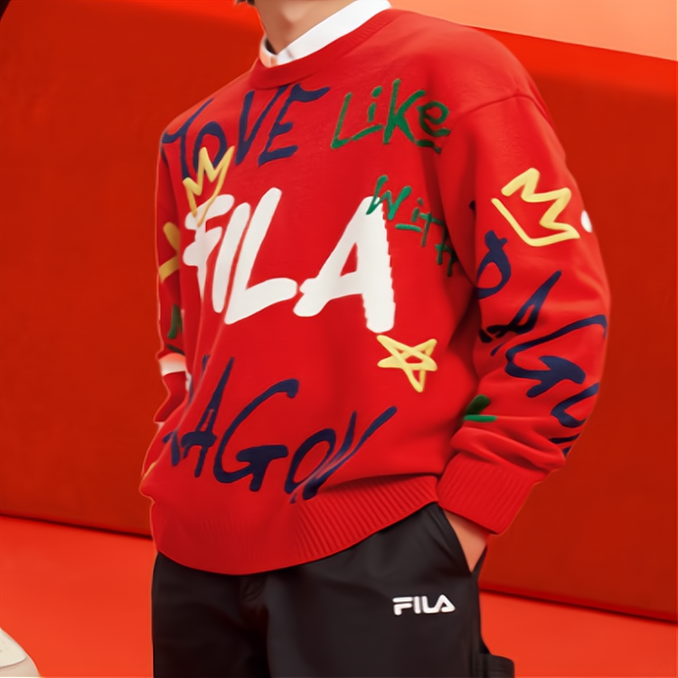 Sizing FILA ドラゴンシリーズ ユニセックス ニットセーター 赤 - コーデ風手書きデザイン F11U419402F-RD