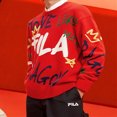 FILA Dragon Series Unisex Knit Sweater Red - Couple's Fun Handwritten Design. F11U419402F-RD Sizing FILA Dragon Series Unisex Knit Sweater Red - Couple's Fun Handwritten Design. F11U419402F-RD