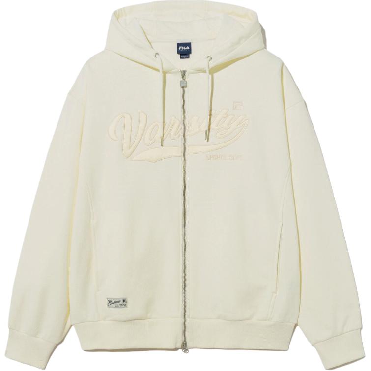 FILA Embroidered Cream Hoodie Unisex Full-Zip Long Sleeve Sweatshirt FS2FTH1102U-CRM