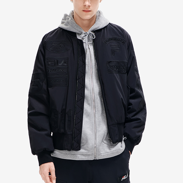 Shop FILA 男士刺绣Logo冬季黑色飞行员夹克. F11M219901FBK