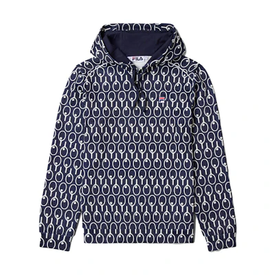 FILA F-Box Anniversary Tennis Racket Print Drawstring Hoodie Unisex Blue LU331117