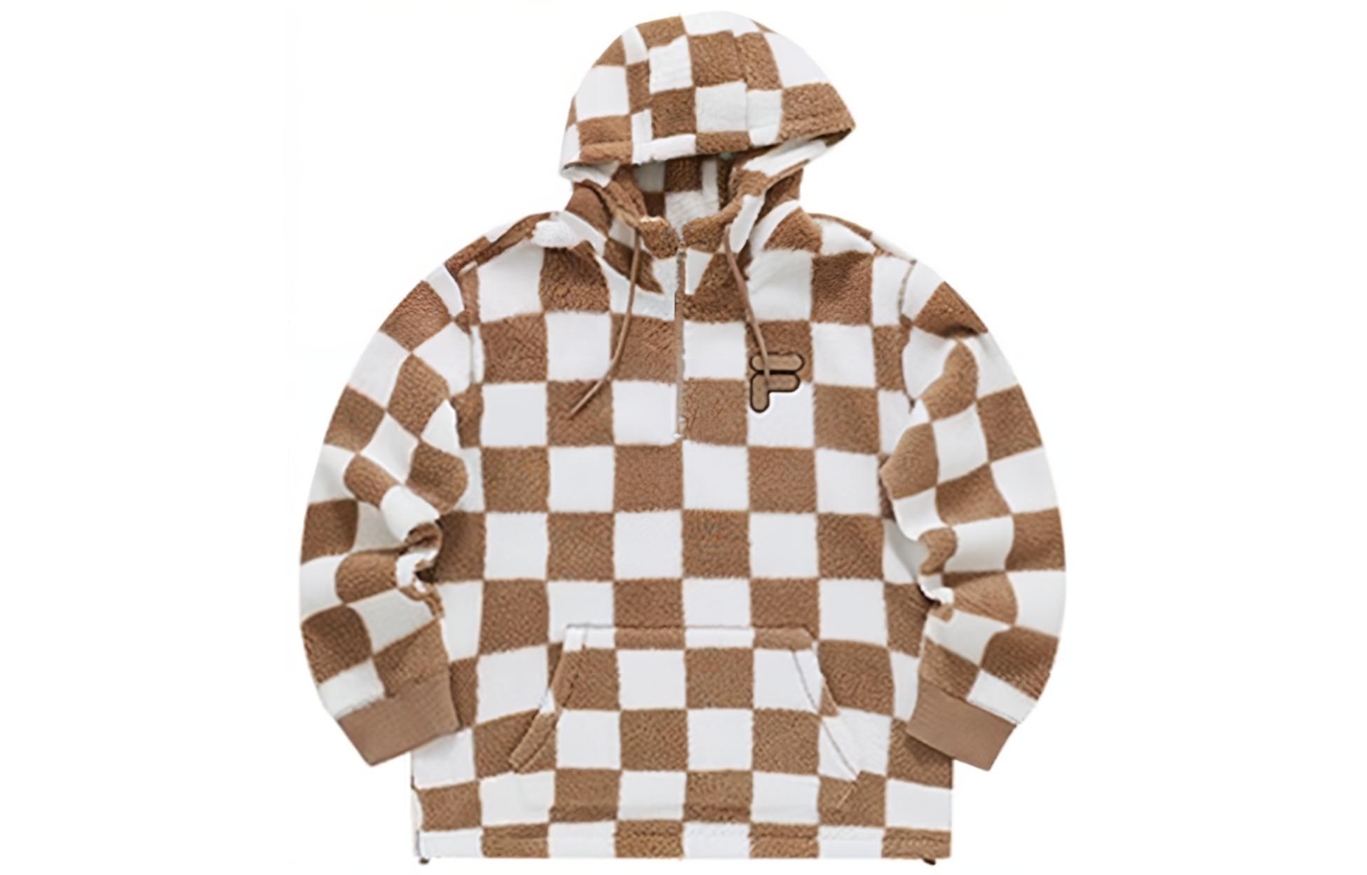 FILA FOB Checkered Fleece Pullover Half-Zip Sweatshirt Unisex Warm Brown T11U343208FBN