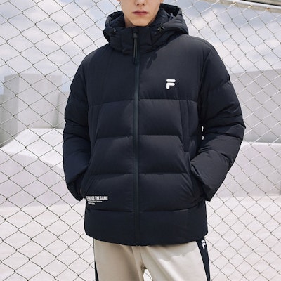 FILA FUSION Black Hooded Puffer Jacket with Letter Zipper Design. T11M341903A-BK Lookbook FILA FUSION Black Hooded Puffer Jacket with Letter Zipper Design. T11M341903A-BK