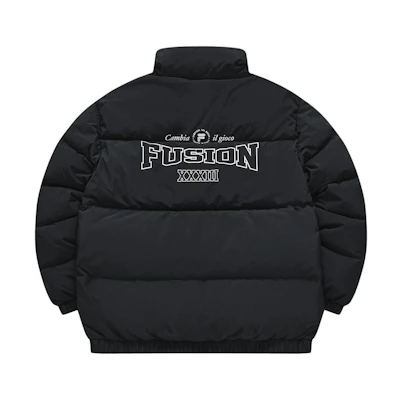 FILA Fusion Black Logo Print Puffer Jacket - Casual Warm Down Coat. T11M345905A-BK