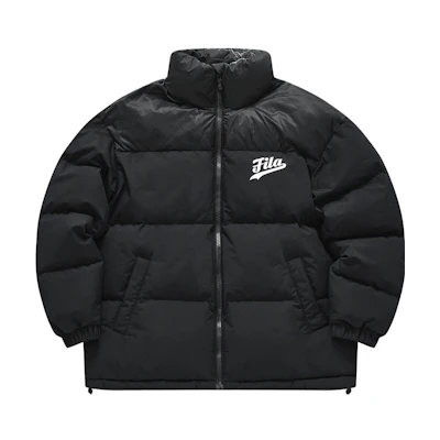 FILA Fusion Black Logo Puffer Jacket with Stand Collar - Sportswear Style. T11M342909F-BK