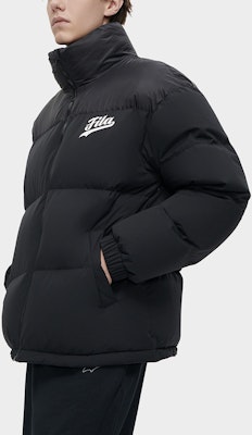 FILA Fusion Black Logo Puffer Jacket with Stand Collar - Sportswear Style. T11M342909F-BK Details for FILA Fusion Black Logo Puffer Jacket with Stand Collar - Sportswear Style. T11M342909F-BK