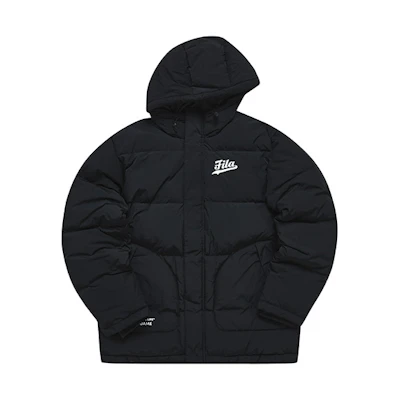 FILA Fusion Black Long Down Jacket with Letter Print and Hooded Design. T11M242910F-BK