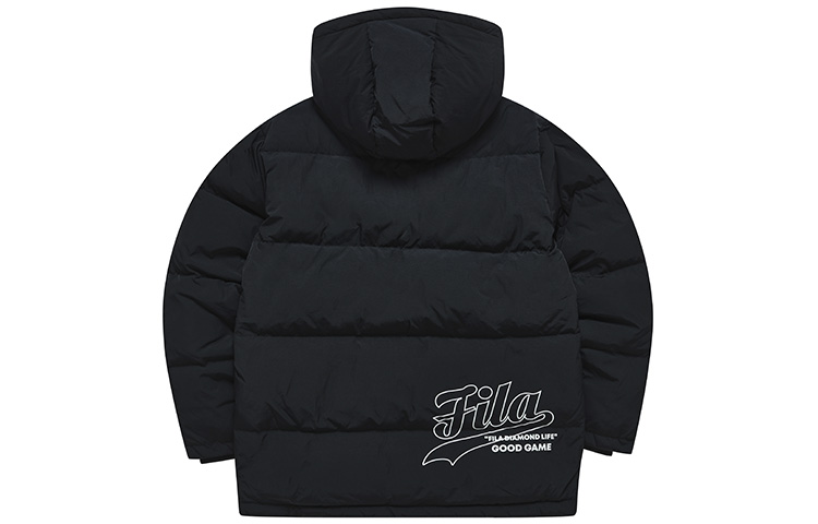 Lookbook FILA Fusion  Black Long Down Jacket with Letter Print and Hooded Design. T11M242910F-BK