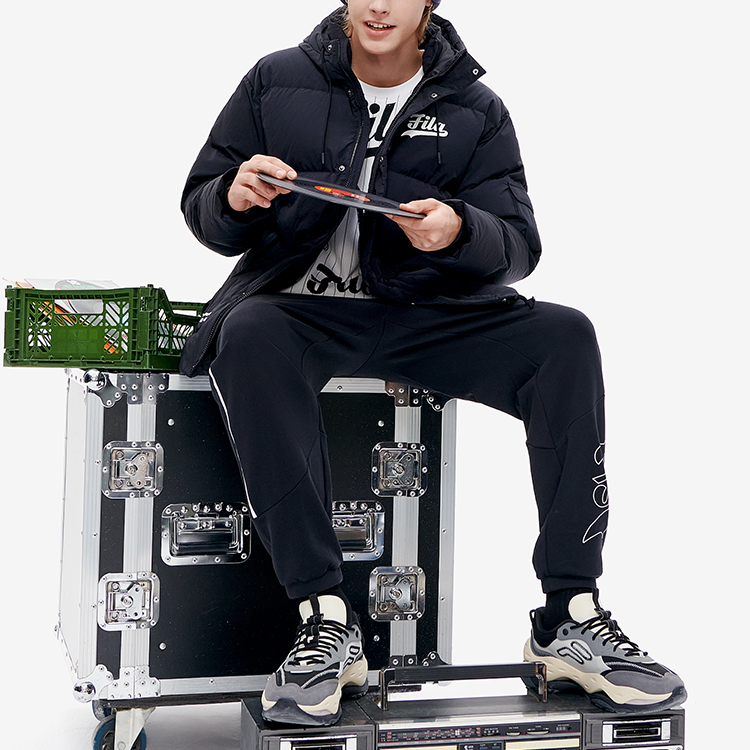 Shop FILA Fusion  Black Long Down Jacket with Letter Print and Hooded Design. T11M242910F-BK