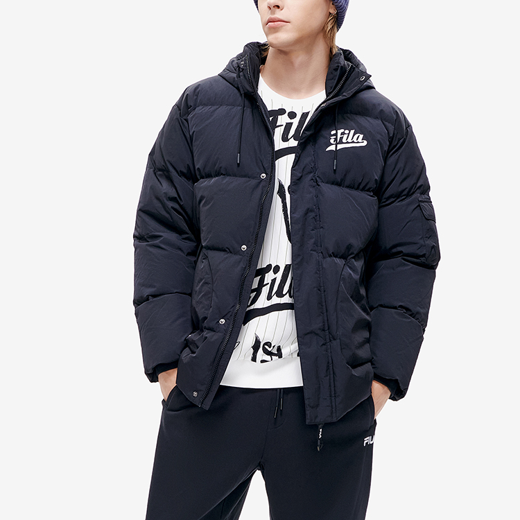 Purchase FILA Fusion  Black Long Down Jacket with Letter Print and Hooded Design. T11M242910F-BK