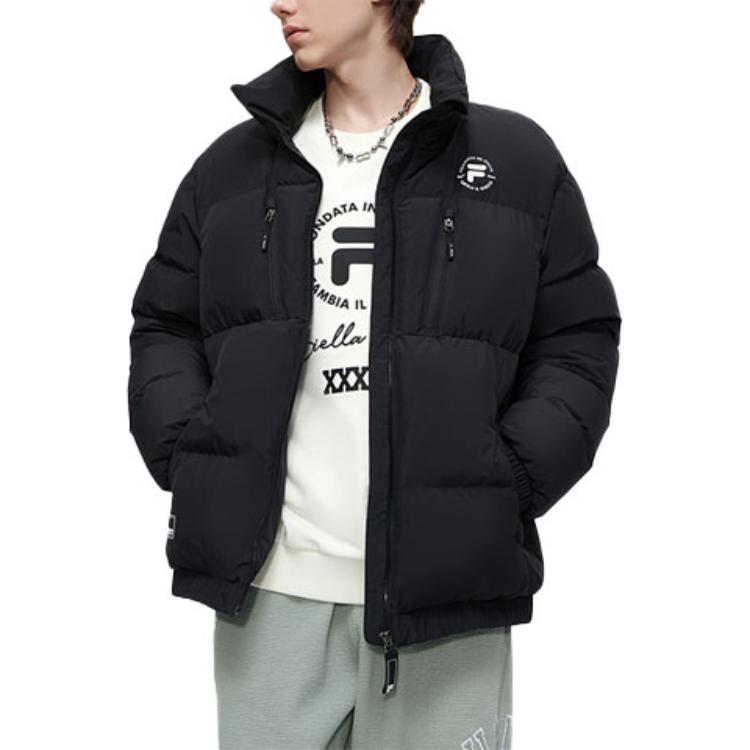 Shop FILA FUSION 黑色字母拉链长袖羽绒服外套. T11M345905F-BK