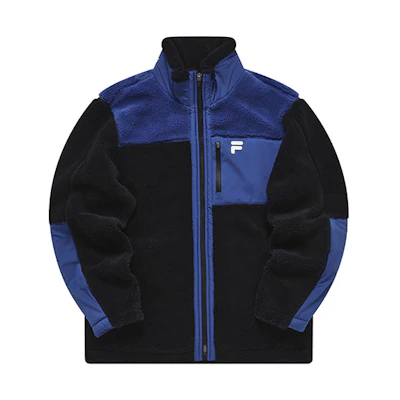 FILA FUSION Faux Shearling Logo Warm Jacket in Black. T11M241903F-BK