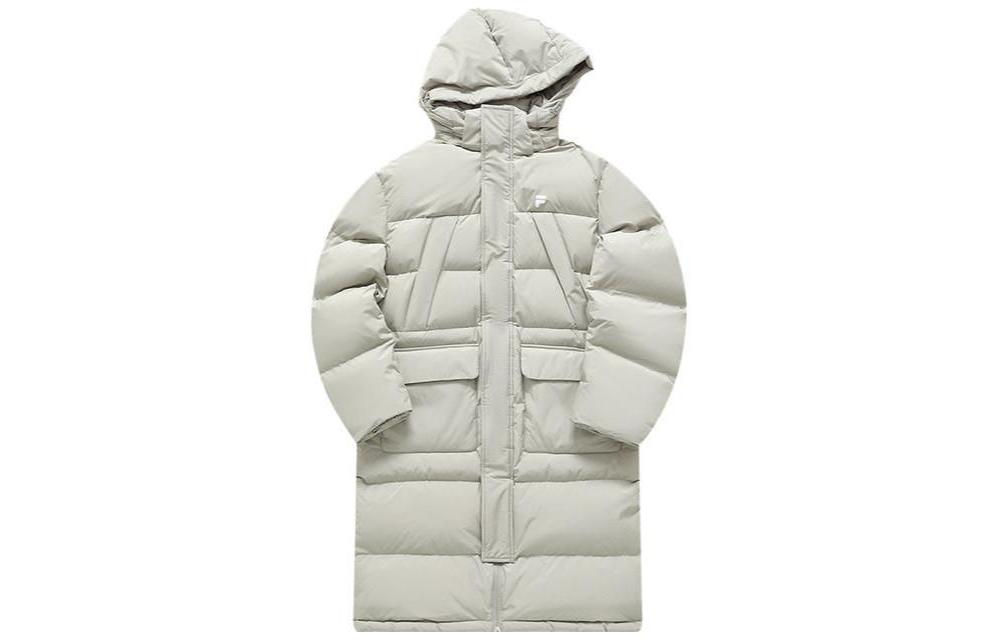 FILA FUSION  Long Duck Down Jacket with Letter Zipper Hoodie in Light Grey. T11M345906F-GY