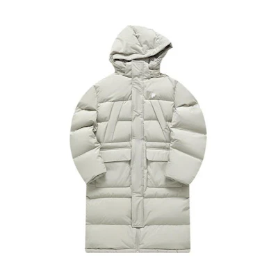 FILA FUSION Long Duck Down Jacket with Letter Zipper Hoodie in Light Grey. T11M345906F-GY