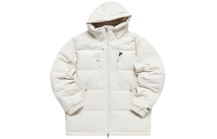 FILA FUSION  Long Hooded Down Jacket Beige - Logo Patch Winter Coat. T11M245911F-BG