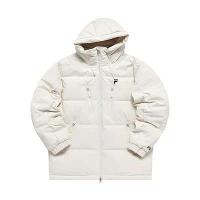 FILA FUSION Long Hooded Down Jacket Beige - Logo Patch Winter Coat. T11M245911F-BG