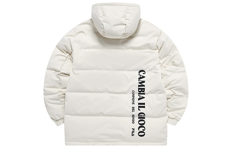 Lookbook FILA FUSION  Long Hooded Down Jacket Beige - Logo Patch Winter Coat. T11M245911F-BG