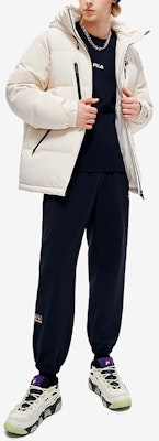 FILA FUSION Long Hooded Down Jacket Beige - Logo Patch Winter Coat. T11M245911F-BG Shop FILA FUSION Long Hooded Down Jacket Beige - Logo Patch Winter Coat. T11M245911F-BG